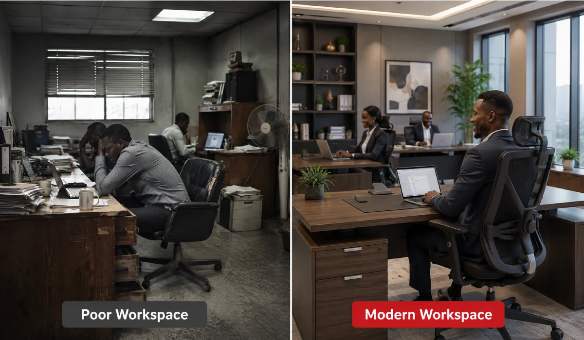 Comparison between an outdated office workspace and a modern office with ergonomic furniture.