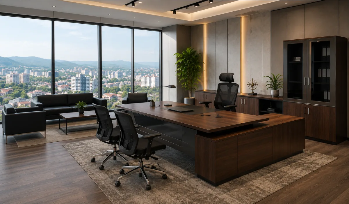 Modern office furniture in Rwanda featuring ergonomic office chairs, executive desks, workstations, conference tables, and reception furniture.