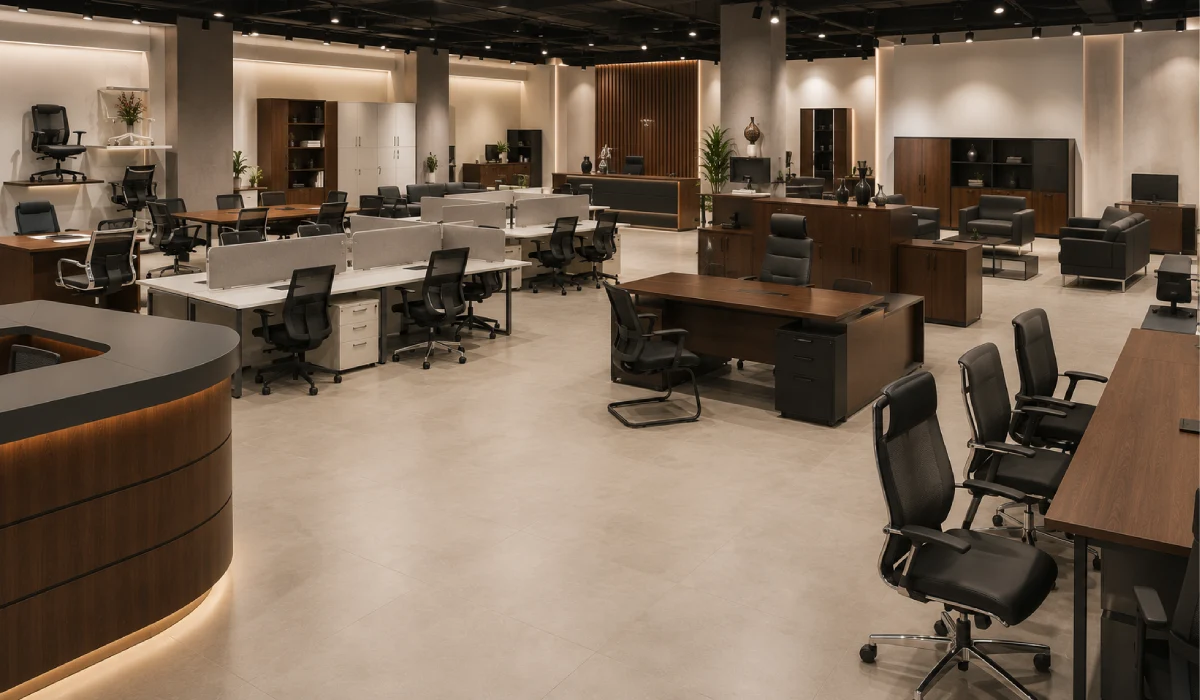 Office furniture showroom displaying office chairs, executive desks, workstations, reception desks, conference tables, and storage cabinets.