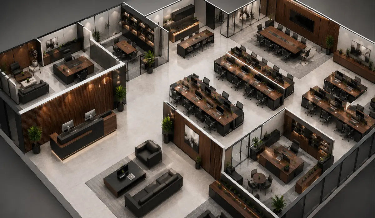 Complete office layout featuring reception desk, workstations, conference room, executive office, and ergonomic office furniture.