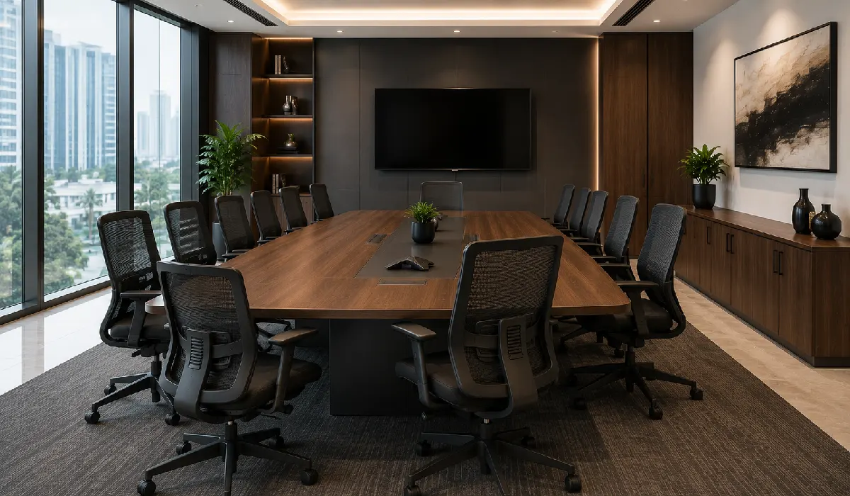 Large conference table with ergonomic meeting chairs in a modern office meeting room in Rwanda.