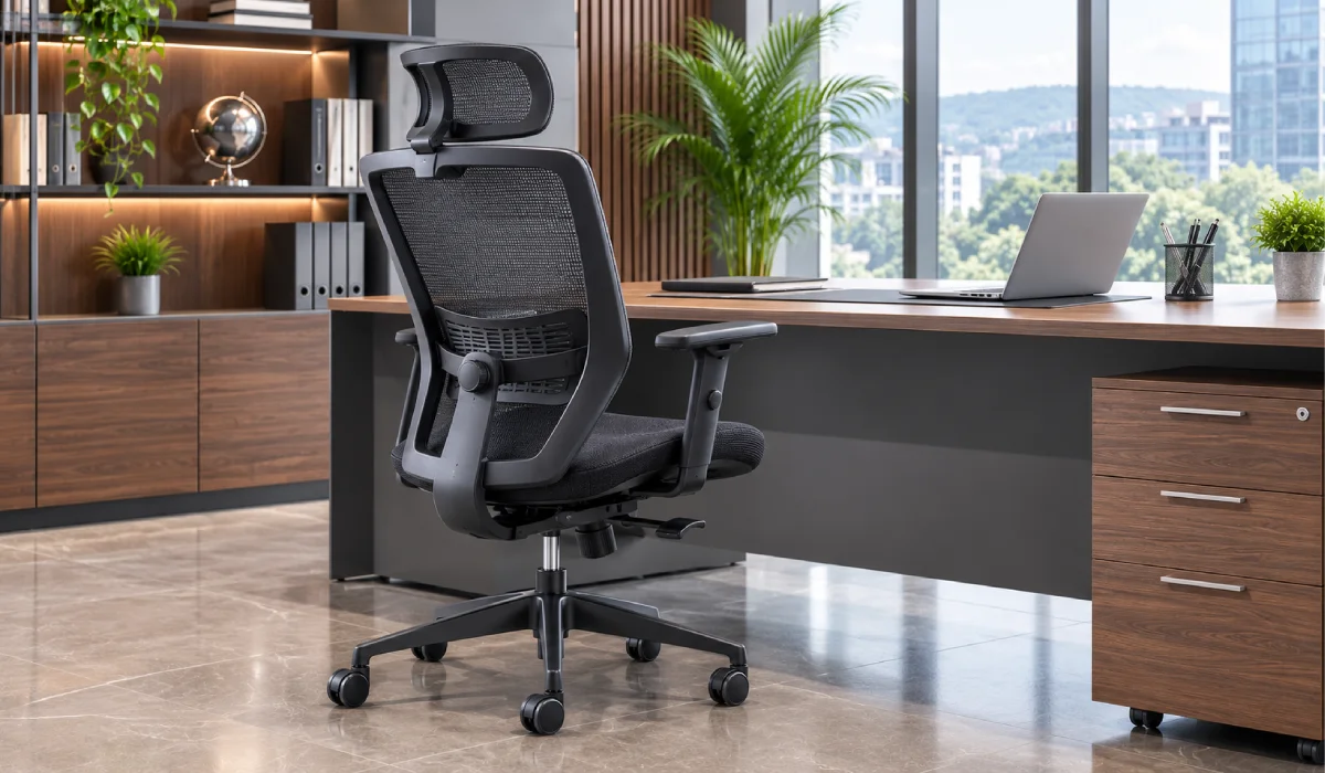 Ergonomic mesh office chair with adjustable lumbar support in a modern office workspace in Rwanda.