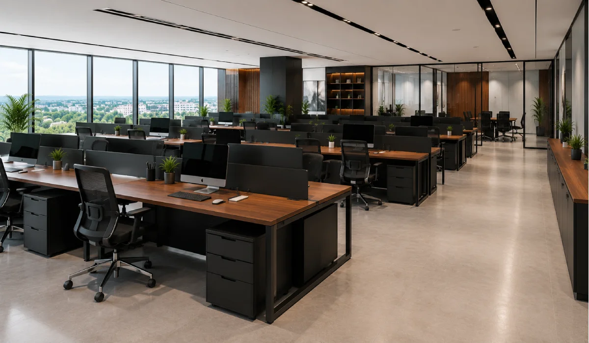 Open-plan office with ergonomic chairs, office workstations, and modern office tables for employee productivity.