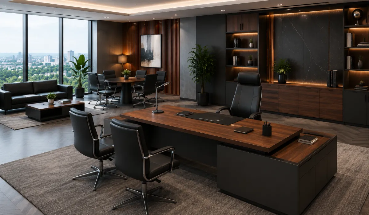 Executive office with high-back chair, executive desk, visitor seating, and premium office furniture.
