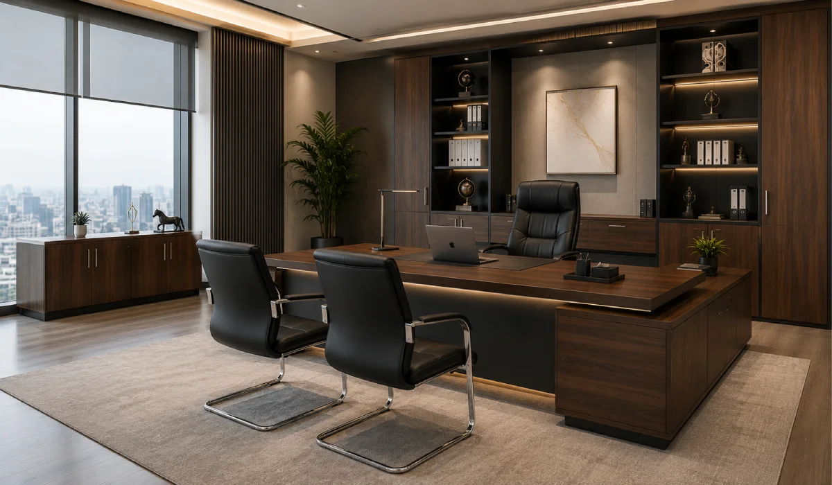 Premium executive office desk with ergonomic chair in a modern corporate office.