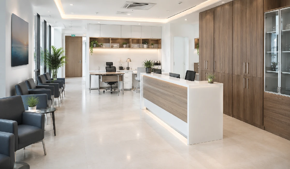 Modern healthcare reception with waiting chairs, consultation desks, storage cabinets, and reception furniture in Rwanda.