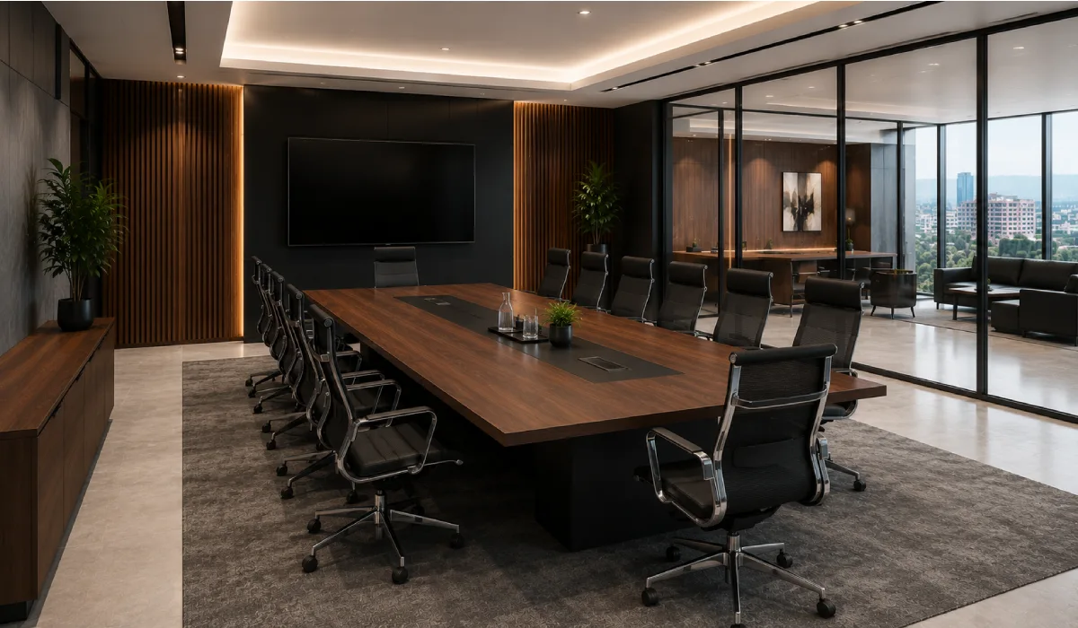 Conference table with ergonomic meeting chairs in a modern office meeting room.