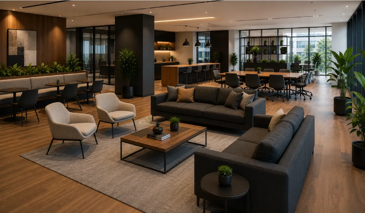Office lounge with sofa, coffee table, and comfortable seating for employee collaboration.