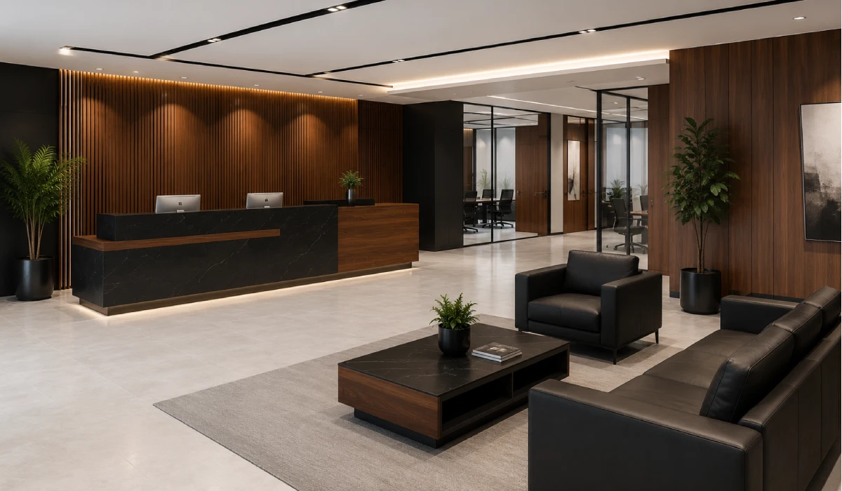 Modern reception desk with visitor chairs and office sofa for a professional business entrance in Rwanda.