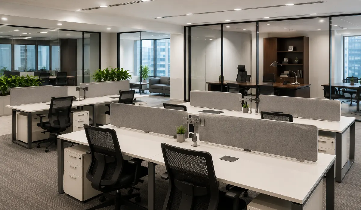 Modern office workstation with modular desks and ergonomic office chairs for productive workplaces in Rwanda.