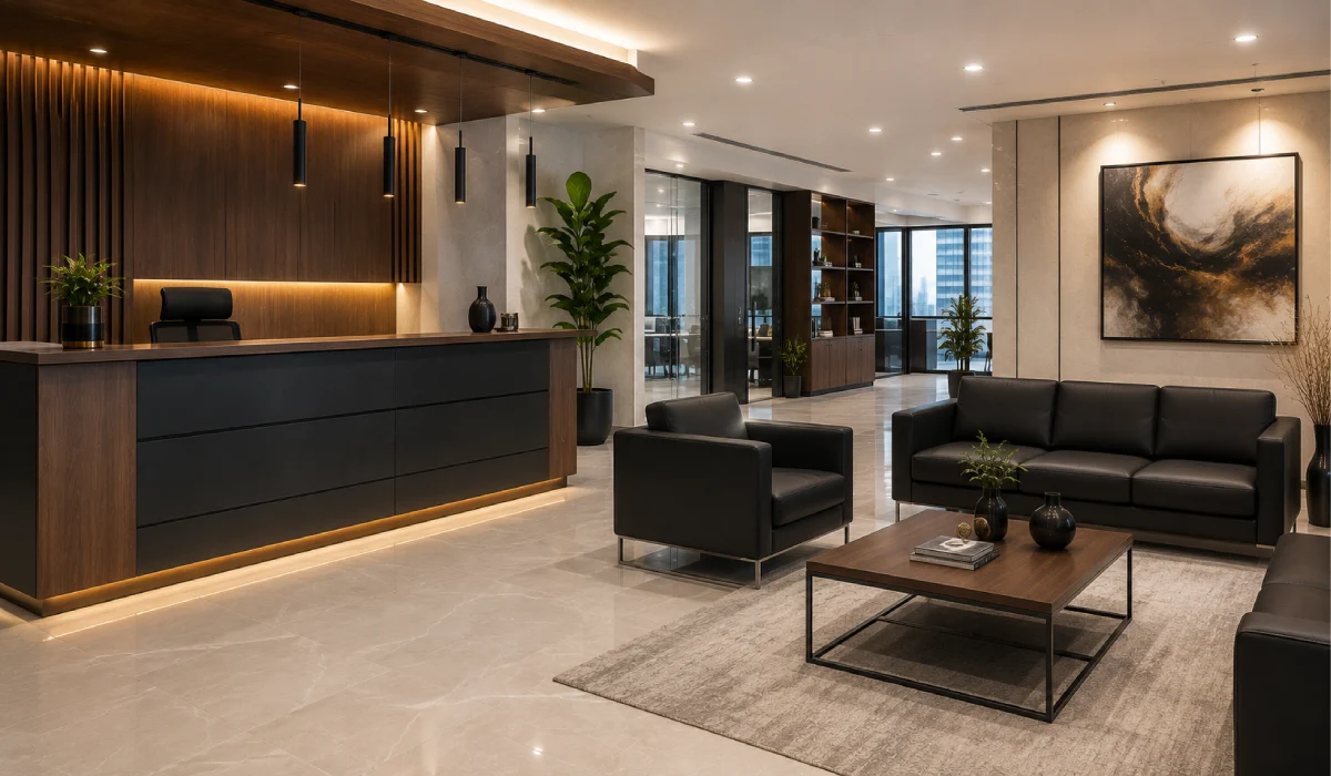Reception desk with visitor chairs and office sofa in a modern business reception area in Rwanda.