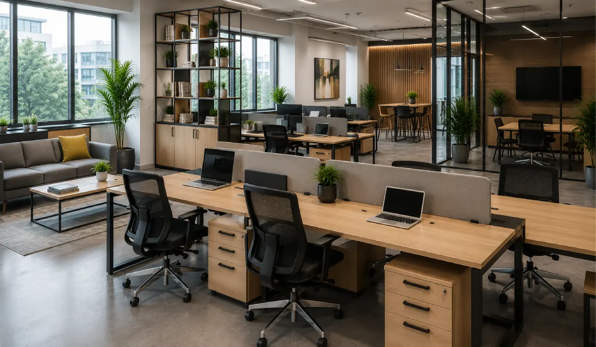Modern startup office with modular workstations, ergonomic office chairs, collaborative desks, and flexible workspace furniture.