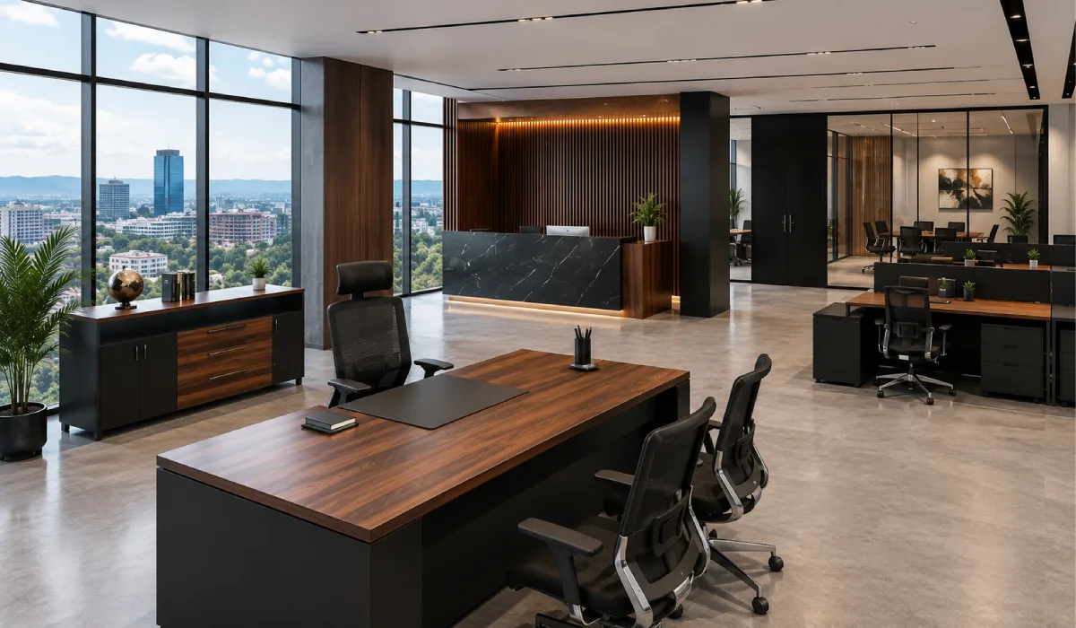 Modern office workspace with ergonomic office chairs, office tables, reception desk, and workstations in Kigali, Rwanda.