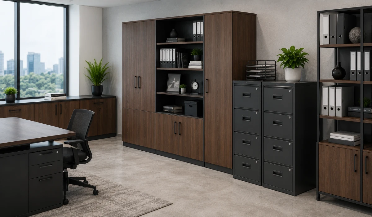 Modern office storage cabinet with organized filing system in a professional office in Kigali, Rwanda.
