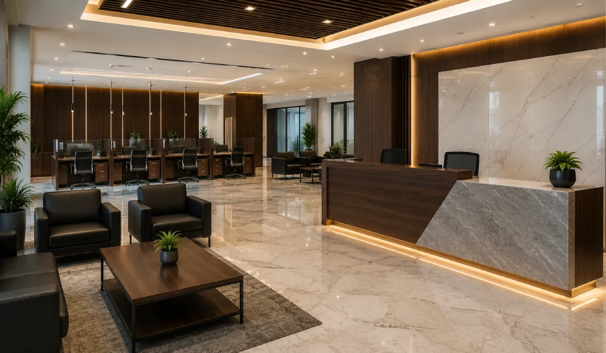 Professional bank reception desk with visitor chairs and executive waiting area in Kigali, Rwanda.