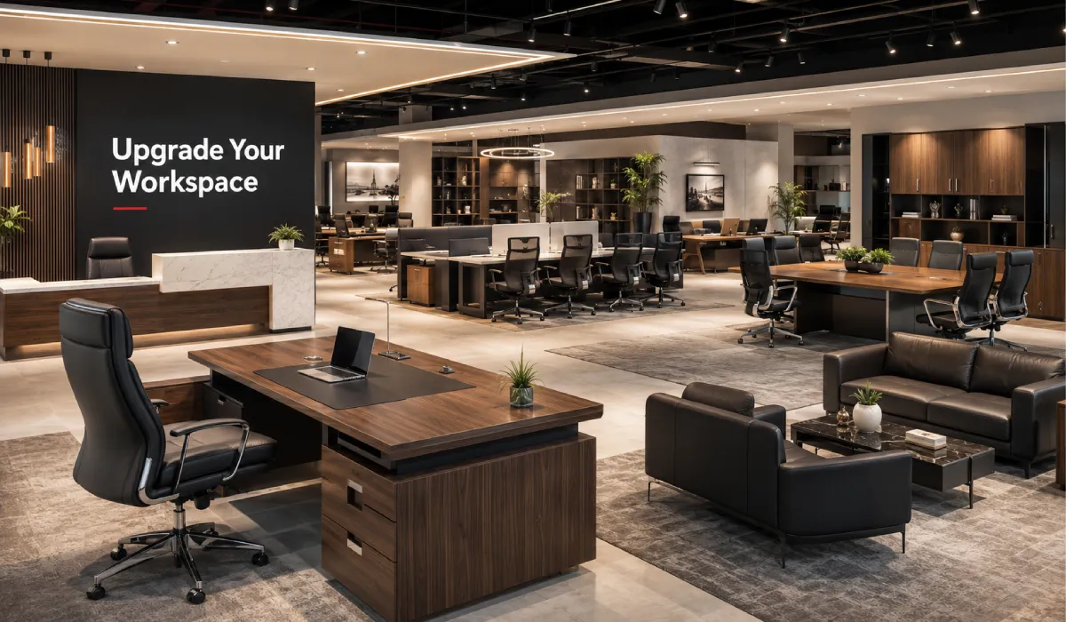 Complete office furniture showroom featuring office chairs, executive desks, conference tables, workstations, and storage cabinets.