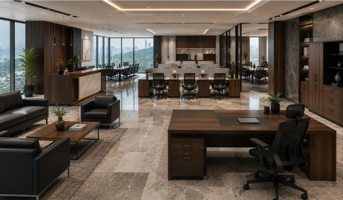 Modern corporate office featuring executive desks, ergonomic chairs, workstations and reception furniture by Shoppers Stop Africa in Kigali, Rwanda